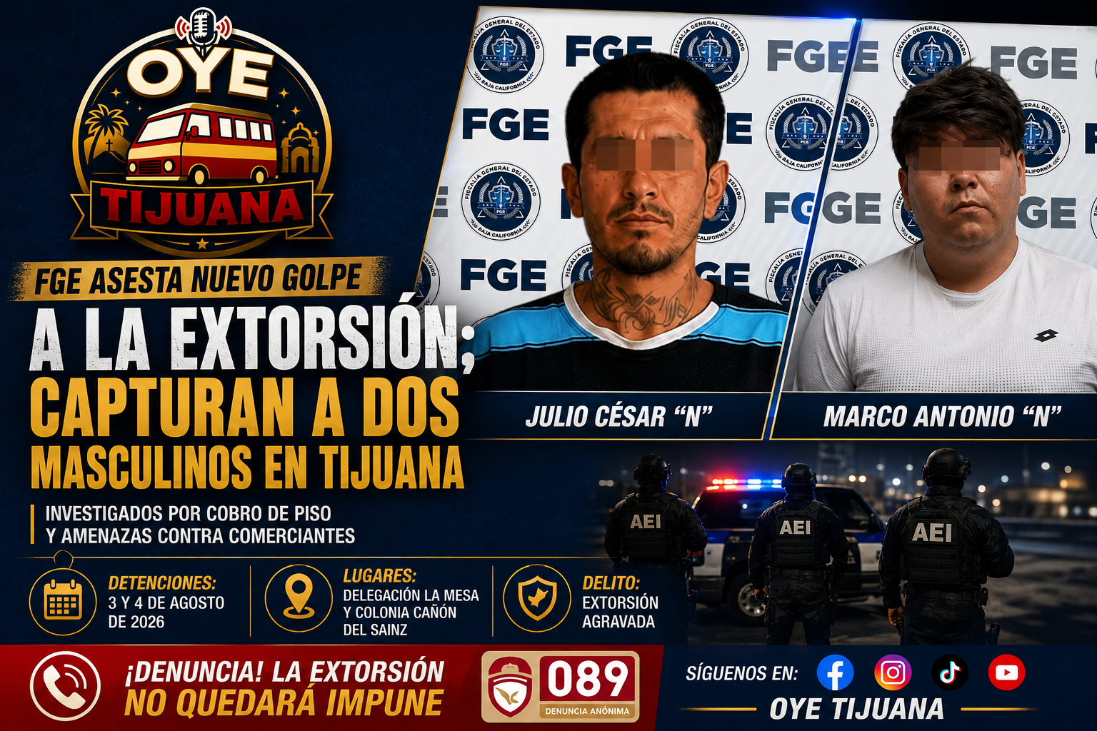 Capturan en Tijuana a dos presuntos extorsionadores por cobro de piso
